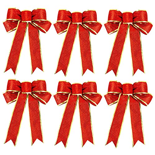 Beurio Red Glitter Christmas Ribbon Bows Tree Ornaments For Wreaths Decorations, 6 Pcs #TOP4
