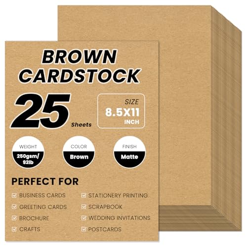 25 Sheets Brown Cardstock 8.5 x 11, 92lb/250gsm Kraft Card Stock Paper, Heavy Cardstock Printer Paper for Invitations, Scrapbooking, Crafts, DIY Cards