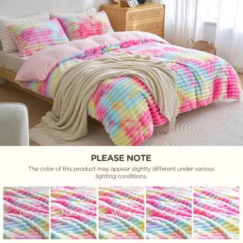 Image of Besfunny Rainbow Fluffy Comforter Cover Queen Size ,Plush Striped Bedding 3pcs Set(1 Fuzzy Duvet Cover+2 Fur Pillow Cases ) Faux Fur Luxury Bed Set (Rainbow, Queen)