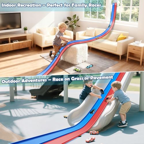 Image of Flex Tracks 15 Ft Starter Set, Flexible Race Track for Kids 3+ with Strong Suction Cups, Flexible Car Track Race Car Ramp Track Compatible with 1 /64 Diecast Cars, Portable Rolls Up Race Tracks