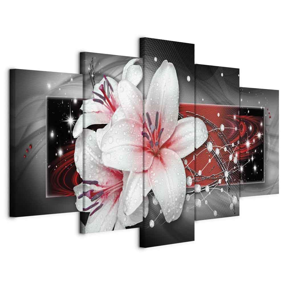 murando Cuadro en lienzo Flores 225x112 cm 5 partes impresión en material tejido no tejido cuadro de pared impresión artística fotografía decoración- Lirios Abstracto Perlas rojo gris b-A-0616-b-m