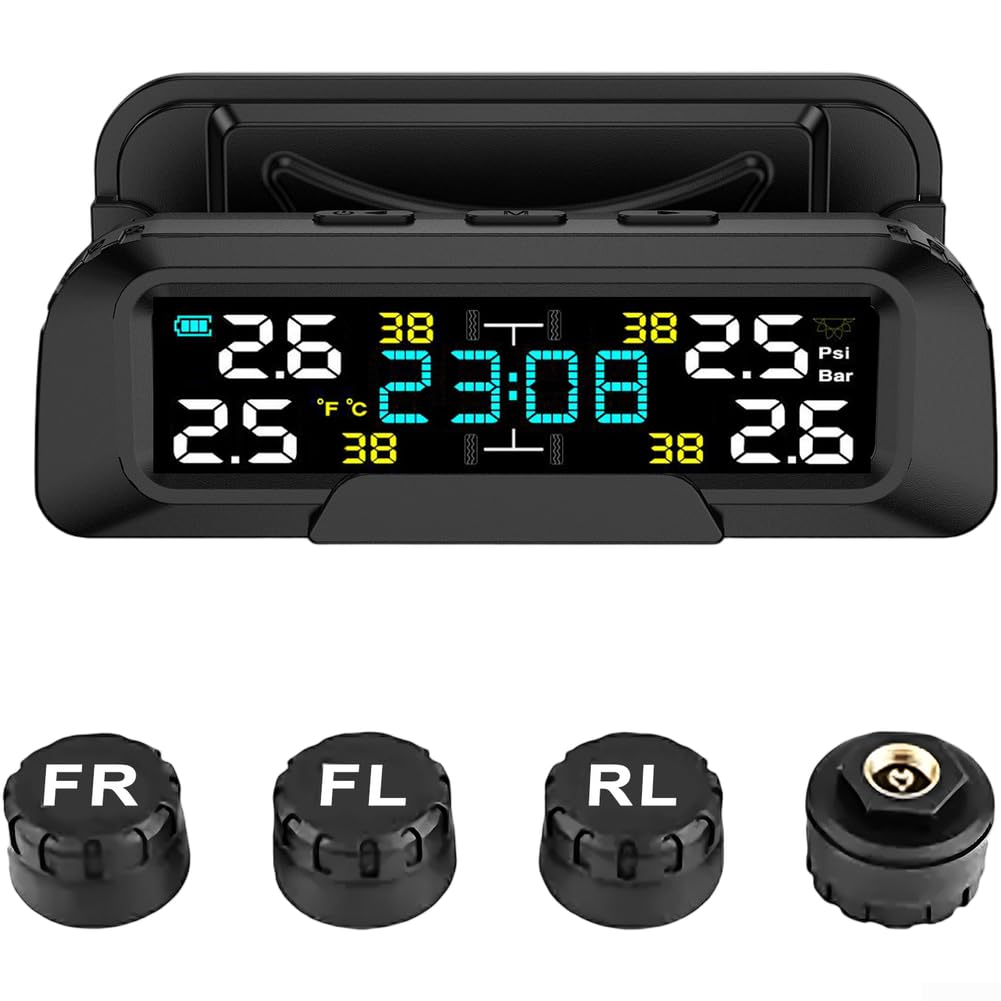 Sistema TPMS inalámbrico con carga solar USB, pantalla LCD, temperatura de los neumáticos, 4 sensores, dispositivo de seguridad del vehículo, 18 cm (exterior)