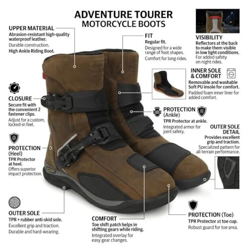 Image of Royal Enfield WANDERER BOOTS | Waterproof Leather | TPR Heel Ankle Toe Protection | Anti-Skid Rubber Sole | Gear Shift Pad | Removable PU Insole | Dual Fastener Clips | Night Reflectors | TAN Size 6