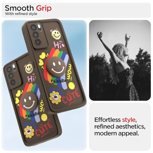 Image of Pikkme Back Cover for Oppo Reno 6 Pro 5G | Soft Silicone| Cute Rainbow Smile & 3D Cartoon Flower Design | Shockproof Raised Camera Protection Bumper Case (Brown)