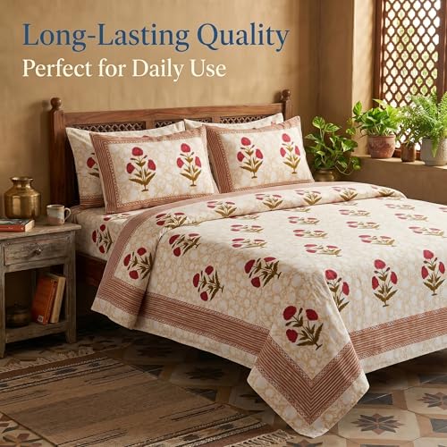 Image of Mafatlal 144 TC Heritage Pure 100% Cotton Double Bed Sheet with 2 Pillow Covers (90x108 inches)| Bedsheet for Queen Bed Cotton, Light Sand Jaipuri