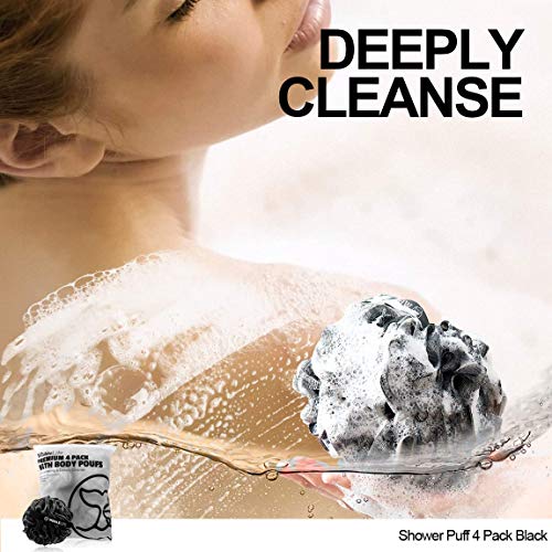Whalelife B18120002WL Shower Puff 4 Pack Black Bath Sponge Shower Loofahs Pouf Ball Nature Bamboo Charcoal Mesh Bulk Puffs Large thumb #4