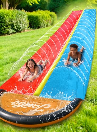 JAMBO Ventriglisse 732 cm / 24 ft, Toboggan Aquatique à Double Piste, Tapis de Glisse Eau Enfant, Tapis Glissant Enfant, Jeux d’Eau