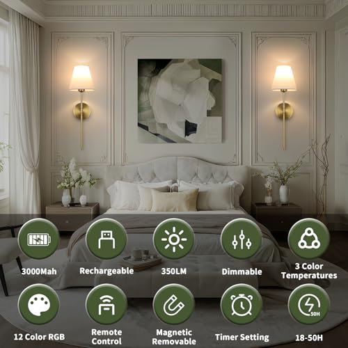 Image of Battery Operated Wall Sconce Set of 2, 15 Colors Wireless Wall Light With Dimmable Remote Control Last 18-50 Hours, Gold Rechargeable Wall Lamp With White Fabric Shade For Living Room Bedroom Hallway