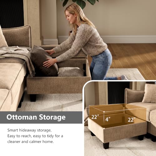 Image of Ihanherry 112 inch Modular Sectional U-Shaped Sofa, Modern 6-Seat Cloud Couch with 2 Storage Ottomans, Soft Chenille Fabric Sectional Set for Living Room Bedroom Apartment, Brown