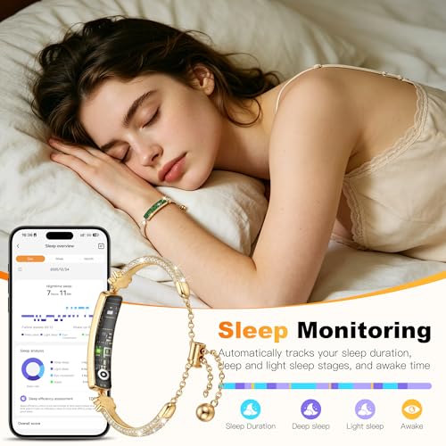 Image of 2-in-1 Crystal-Inlaid Smart Bracelet for Women, Jewelry Fitness Tracker with Heart Rate, Sleep & Cycle Tracking, IP68 Waterproof, Interchangeable Bands (Floral Gold Emerald)