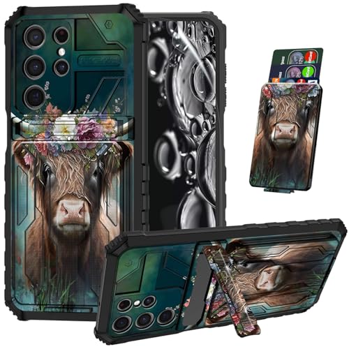 ACWDMKH for Samsung Galaxy S26 Ultra Case with Kickstand & Screen Protector & Card Holder Wallet Cute Case Dual Layer Heavy Duty Shockproof Protective Cover,Cute Highland Cow
