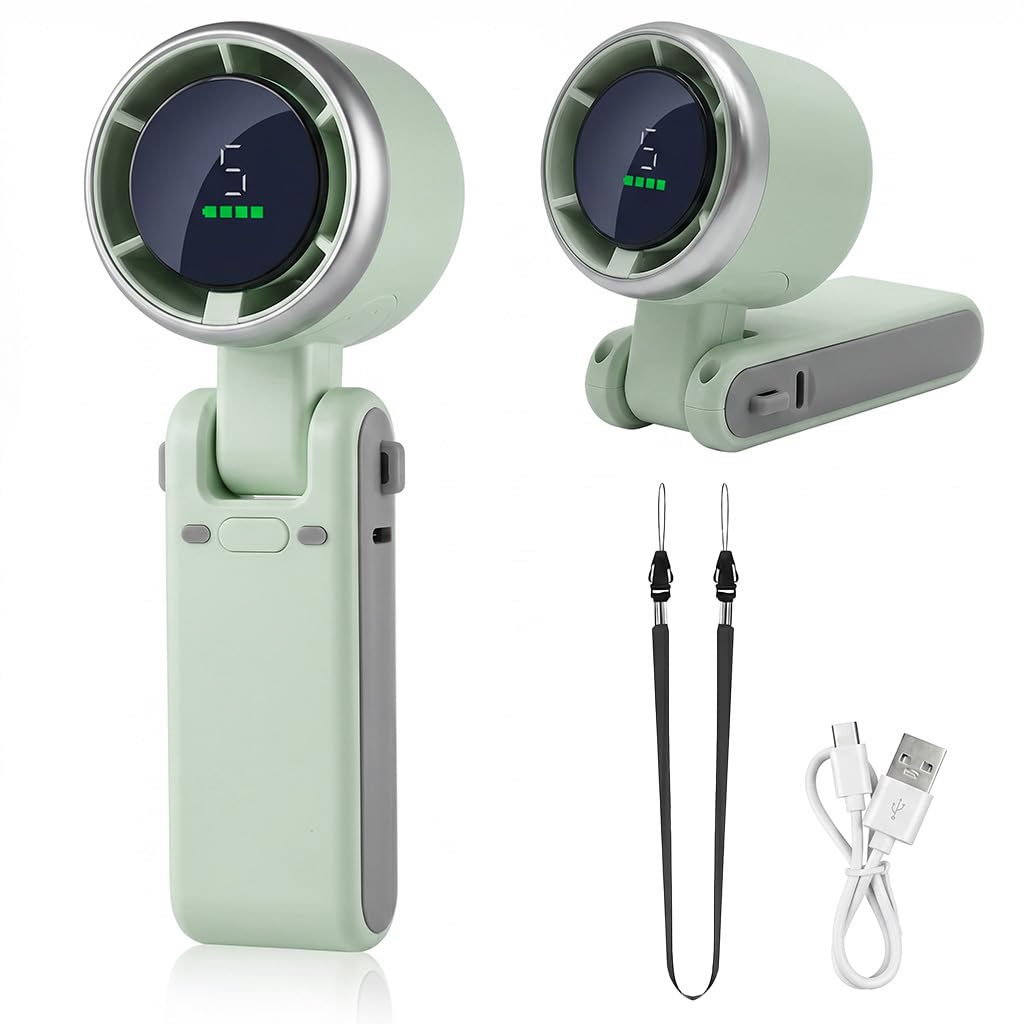 AHRLIC Portable Handheld Fan, USB Rechargeable Mini Personal Foldable Fan 5-Speed Turbo Fans with Digital Display,Neck Rope, Charging Cable, Portable Fan for Home Cooling, Outdoor, Travel, Office