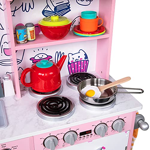 Lil' Jumbl Kids Kitchen Set, Pretend Wooden Play Kitchen, Battery Operated Icemaker & Microwave With Realistic Sound, Pots & Pan Included - Pink #TOP7