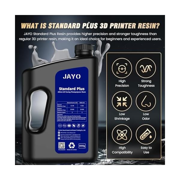 JAYO RÃ©sine Imprimante 3D 3KG, Standard Plus UV 405nm RÃ©sine PhotopolymÃ¨re pour Imprimante 3D 4K/8K LCD DLP SLA, RÃ©sine 3D Ã  Durcissement Rapide pour Plus Grande PrÃ©cision et RÃ©sistance, Gris 3000g – Image 3