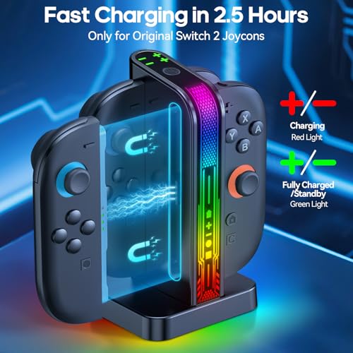 Image of Switch 2 Controller Charger Dock for 2025 Nintendo Switch 2 JoyCon, 2.5H Fast Magnetic Charging Station with LED RGB & Indicator, Compact Joy-Con 2 Detachable Charging Accessories with Cable Protector