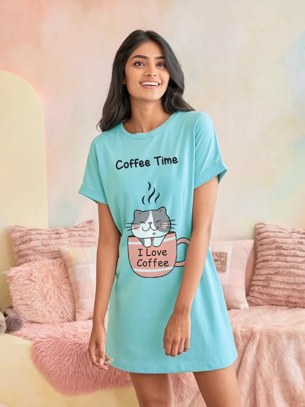 Image of Fflirtygo Women's Cotton Nighty | Printed Knee Length Night Gown |Relaxed Fit Nightwear |Short Nightdress| Long T-Shirt | Sleepwear & Casual Wear Nighty (Pack of 2)