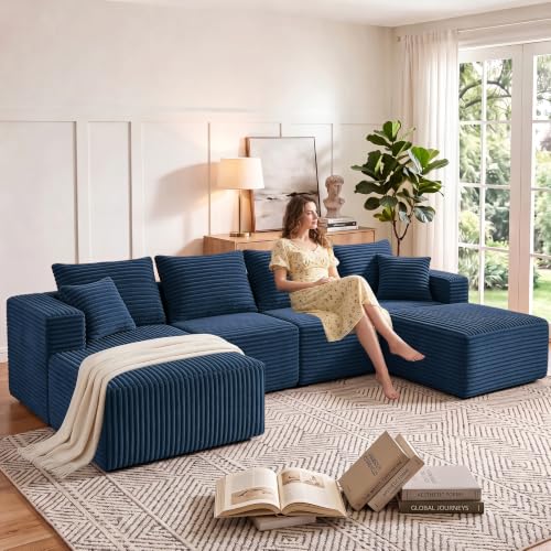 Image of 118 inch Modular Sectional Sofa with Chaise & Ottoman, Navy Blue