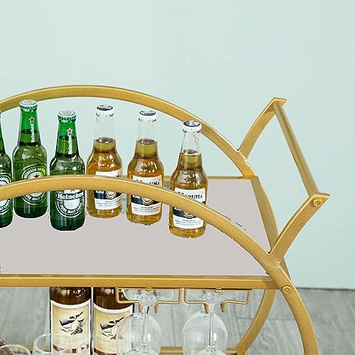 Image of Dcor Serving Trolley with 2 Metal Handles, Modern Wine Cart on Wheels, Round Mobile Trolley with 2 Tier Shelves for Kitchen Decoration, Liqueur, Cocktail (1)