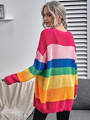 Floerns Women's Rainbow Striped Print Button Front Long Sleeve Cardigan Sweater2