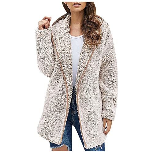 KUIH Winter Jackets for Women Hooded Teddy Fleece Jacket Fuzzy Sherpa Coat Solid Casual Ladies Full Zip Jacket Outdoor Longline Cardigan Oversized Hoodie Cozy Warm Outwear with Pockets