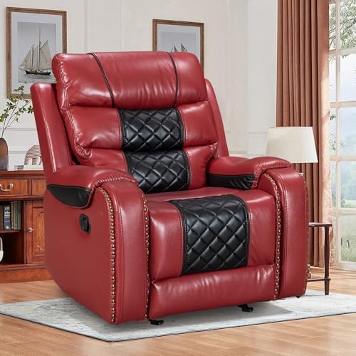 KISSLIVE Manual Rocking Recliner Chair, 36 Wide Black PU Leather with Diamond Stitching, 350 lbs Capacity, 90-165° Recline (Red and Black)