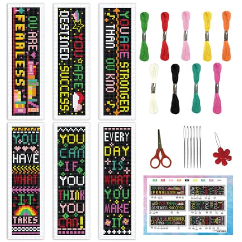 Image of INFUNLY 6Pcs Inspirational Words Cross Stitch Bookmark Kits 8 inchx2.4 inch DIY Encourage Texts Embroidery Bookmark Kits for Beginners with Instruction Motivational Bookmark Making Kit for Students