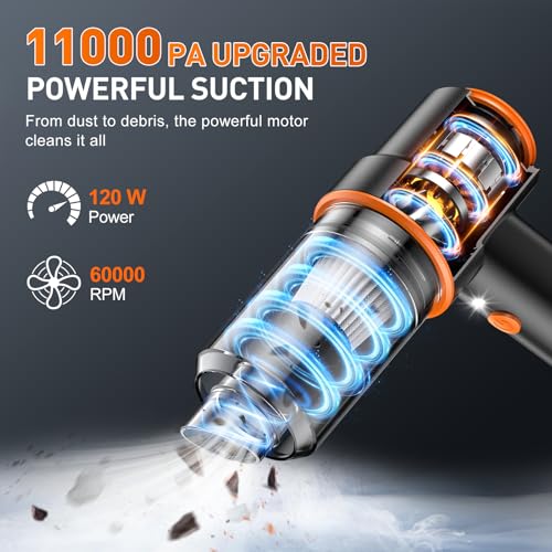 Image of KMM Handheld Car Vacuum Cleaner, 11000PA Vacuum Cleaner & Air Duster, 120W High Power Vacuum Portable Cordless, Hand Held Vacuum Rechargeable with Multi-Nozzles & LED Light for Home, Car, Office