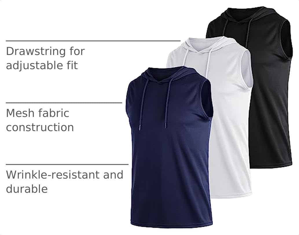 3 Pack Men's Dry Fit Moisture Wicking Tech Quick Dry Sleeveless Shirts Mesh Hoodie Active Athletic Tank Tops