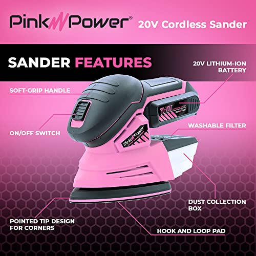 Pink Power Detail Sander for Woodworking 20V Cordless Electric Hand Sander for Wood Furniture - Mini Palm Sander Tool with Sandpaper, Li-Ion Battery & Charger - Small Handheld Sanding Machine - Image 2