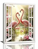 Zyphren Flamingo Bathroom Wall Art Tropical Pictures Flower Wall Decor Pink Flamingo 3d Window Canvas Print Painting Home Artwork Gifts for Living Room Bedroom Bathroom 12'x16'