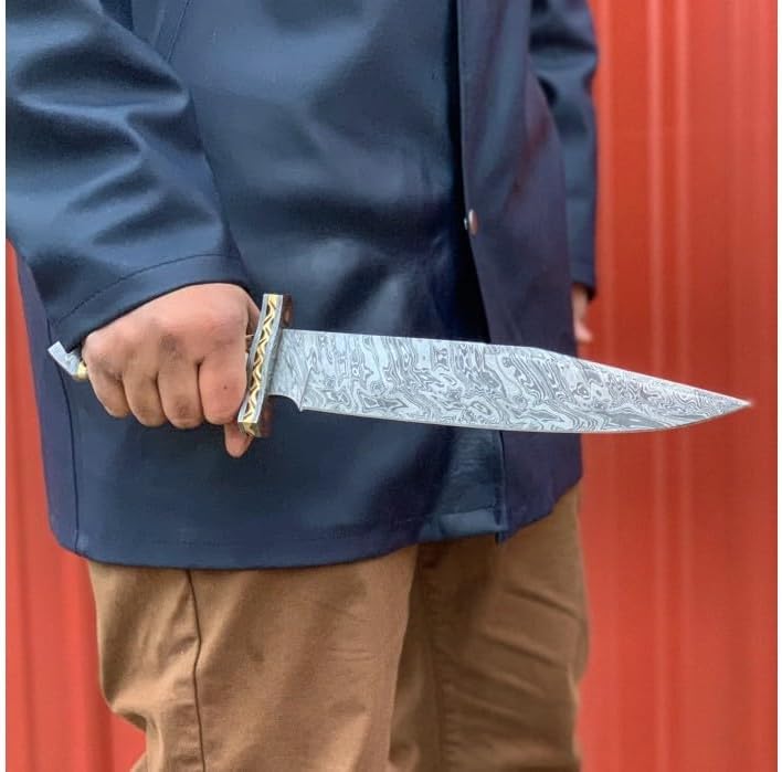 BucknBear Custom Handmade Damascus Big Game Hunter Bowie Fixed Blade Knife (Stag handle)