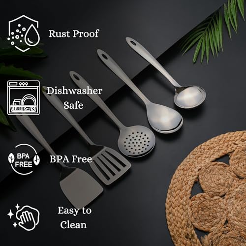 Image of Montavo by FnS 5 Pieces Stainless Steel Serving Tools Set | Slotted Turner, Soup Ladle, Skimmer Turner, Serving Spoon & Solid Turner | Kitchen Cooking Utensils for Home & Dining