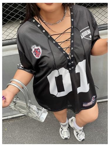 Floerns Women's Plus Size Number Jersey Shirts V Neck Lace Up Front Streetwear Tee Tops4