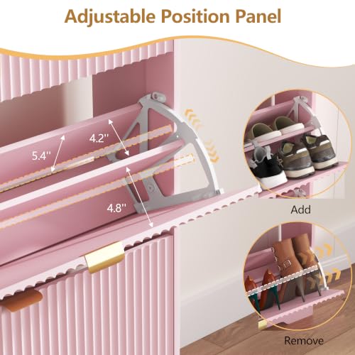 Image of HUANLEGO Shoe Cabinet Storage for Entryway with 3 Flip Drawer, Pink | Fluted Shoe Cabinet with Adjustable Shelves, Hidden Shoe Rack for Entryway, Freestanding Narrow Shoe Organizer for Hallway