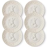 Metahom Easter Dinner Plates, 10 Inch Ceramic Bunny Plate Set, Embossed Floral Serving Dish, Dishwasher & Microwave Safe, Set of 6, Cream White