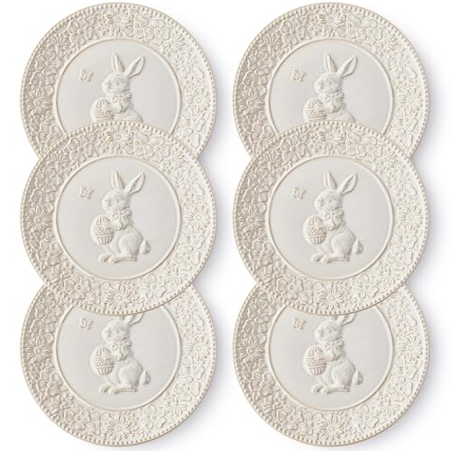 Metahom Easter Dinner Plates 10 Inch Ceramic Bunny Plate Set Embossed Floral Serving Dish Dishwasher & Microwave Safe Set of 6 Cream White