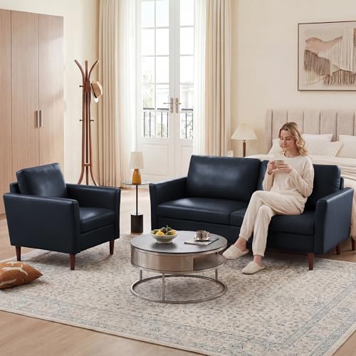 Image of Kingfun 2 Piece Faux Leather Sofa Set, Mid Century Modern Living Room Furniture Set with 3-Seater Sofa and Loveseat, Small Leather Couch with Solid Wood Frame for Bedroom and Office, Royal Blue