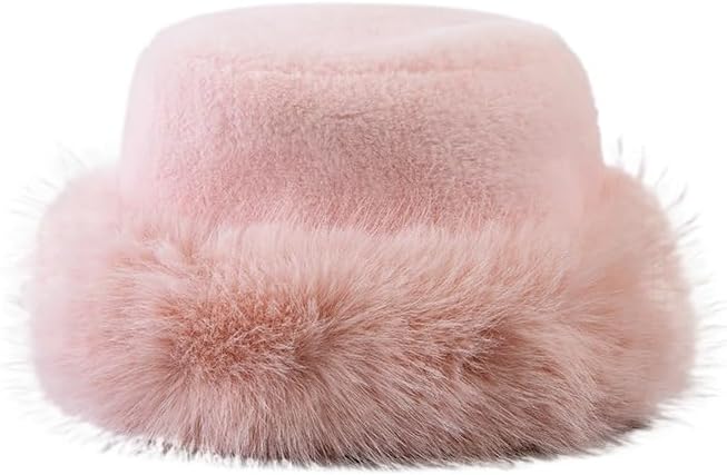 Imitation Rabbit Fur hat Women's Autumn and Winter Plush Bucket hat Solid Color Warm and Cold-Proof Fashion Basin hat (Pink)