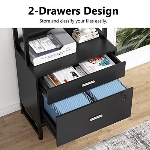Image of Tribesigns 2 Drawer Vertical File Cabinet with Lock & Bookshelf, Letter Size Large Modern Filing Cabinet Printer Stand with Open Storage Shelves for Home Office, Black