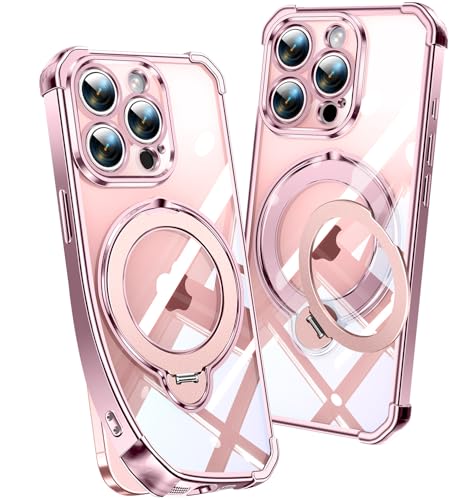 Image of Soft Case for iPhone 15 Pro with 360 Rotating Magnetic Stand, Compatible with Mag-Safe, 4X MIL-Drop Protection, Lightweight Glossy Anti-Yellowing Clear Back Phone Cover for iPhone 15 Pro 6.1 inch, Pink