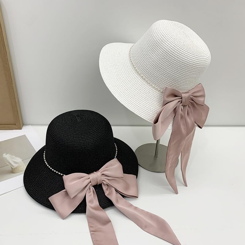 Sombrero de Paja para Mujer,ala Ancha,Plegable,para Playa,con Miniperla y Lazo de Satén,para Viajes,Vacaciones de Verano,Suave,Ligero y Transpirable