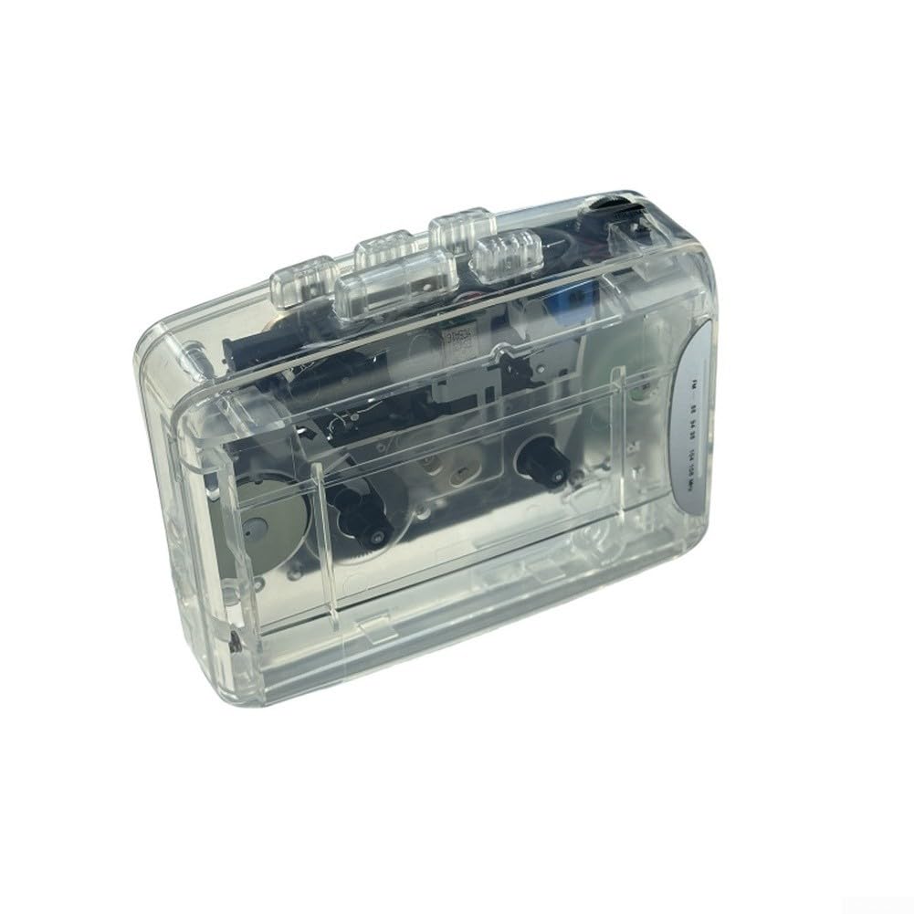 Lecteur cassette portable avec radio FM et casque stéréo - Lecteur de bandes transparentes avec chargement USB - Design rétro (rouge)