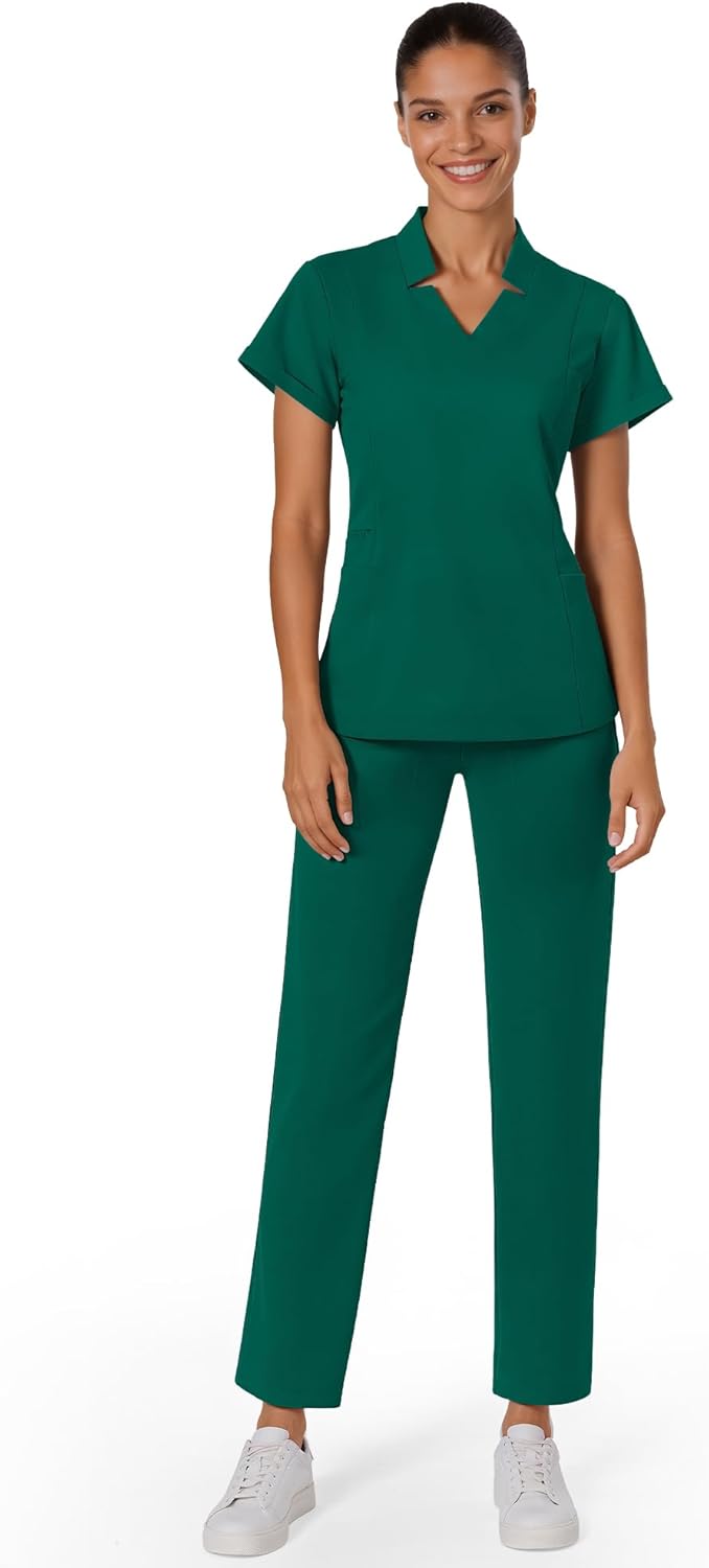 Medical Scrubs for Women Set - Slim Fit V-Neck Nurse Uniform Top & Soft Relaxed Scrub Pant for Women with 9 Pockets