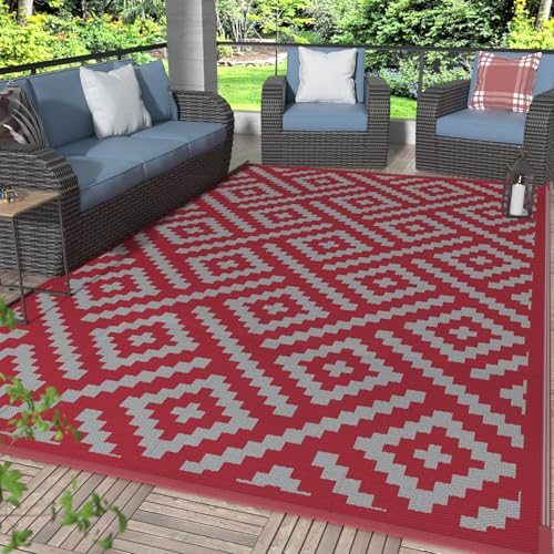 GENIMO Christmas Outdoor Rug for Patio Clearance 6x9 Reversible Plastic Straw Rugs Lightweight Waterproof RV Camping Mat for Camper Balcony Deck Backyard Picnic Red Grey