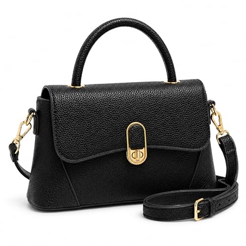 Crossbody Bag for Women Small Satchel Purse, Pebbled PU Leather Handbag with Top Handle, Adjustable Strap, Gold Turn Lock, Zip Pocket, Black Everyday Shoulder Bag
