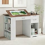 Lurinthal Drafting Table with Storage Cabinet & Drawers, Adjustable Drawing Desk with Open Shelves, Craft Table Painting Desk for Artists, Painters, Drawing, Crafting, Reading, Writing, Working