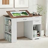 Lurinthal Drafting Table with Storage Cabinet & Drawers, Adjustable Drawing Desk with Open Shelves, Craft Table Painting Desk for Artists, Painters, Drawing, Crafting, Reading, Writing, Working