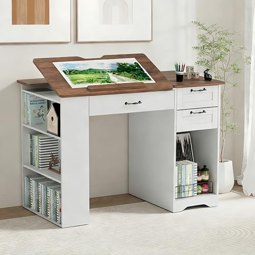 Lurinthal Drafting Table with Storage Cabinet & Drawers Adjustable Drawing Desk with Open Shelves Craft Table Painting Desk for Artists Painters Drawing Crafting Reading Writing Working