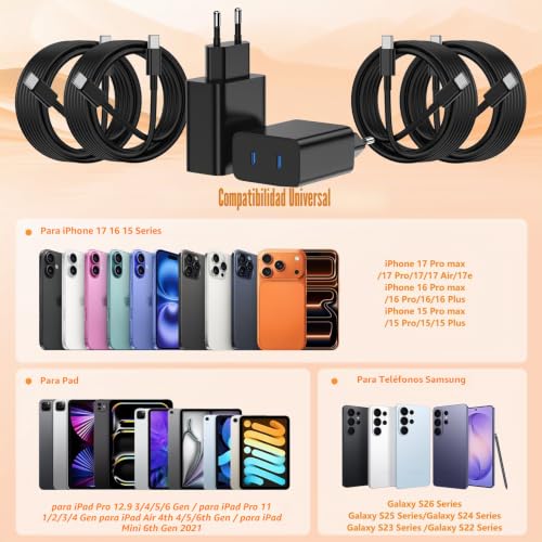 Cargador USB C rápido para Samsung Galaxy S26 Ultra y Note con 2 cables tipo C 6