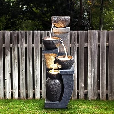 Supmix 37.4'' H Water Fountain, Modern Garden Outdoor LED Lighted Floor Fountain with 4 Crocks, Natural Polyresin Decor for Patio, Backyard, Ard and Home Art Décor